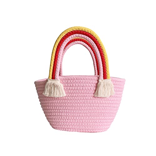 LOHGOU Women Girls Handwoven Cotton Handbag Rainbow Tassel Tote Bag Summer Beach Purse (Pink)