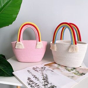 LOHGOU Women Girls Handwoven Cotton Handbag Rainbow Tassel Tote Bag Summer Beach Purse (Pink)