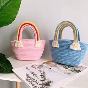 LOHGOU Women Girls Handwoven Cotton Handbag Rainbow Tassel Tote Bag Summer Beach Purse (Pink)