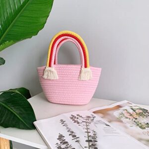 LOHGOU Women Girls Handwoven Cotton Handbag Rainbow Tassel Tote Bag Summer Beach Purse (Pink)