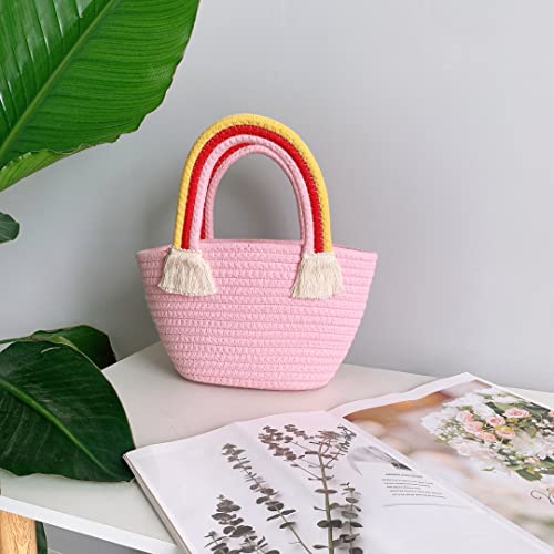 LOHGOU Women Girls Handwoven Cotton Handbag Rainbow Tassel Tote Bag Summer Beach Purse (Pink)