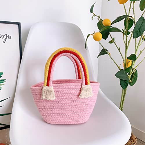 LOHGOU Women Girls Handwoven Cotton Handbag Rainbow Tassel Tote Bag Summer Beach Purse (Pink)