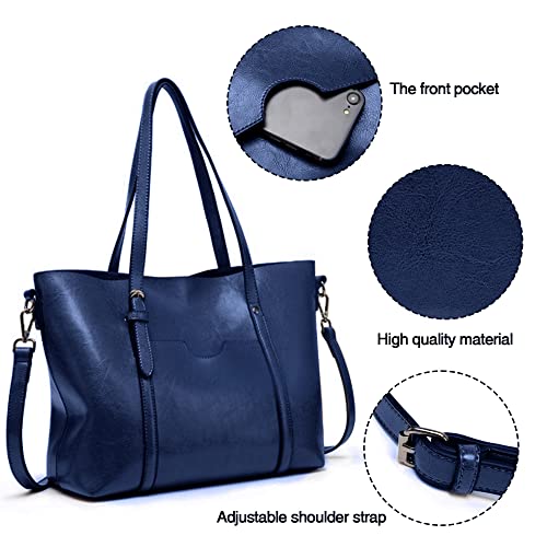 WIOLETA Work Purses for Women Leather Tote Bag for Women Portland Leather Handbags Large Handbags for Women Large Leather Tote Bag (Blue)