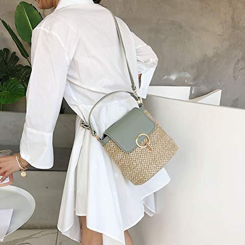 ASUYOERU Straw Weave Women Bucket Handbags Summer Beach Totes Travel Shoulder Bags, Green, 21 x 18 x 5cm