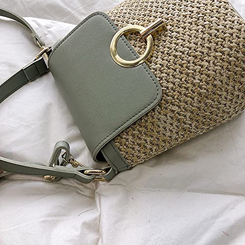 ASUYOERU Straw Weave Women Bucket Handbags Summer Beach Totes Travel Shoulder Bags, Green, 21 x 18 x 5cm