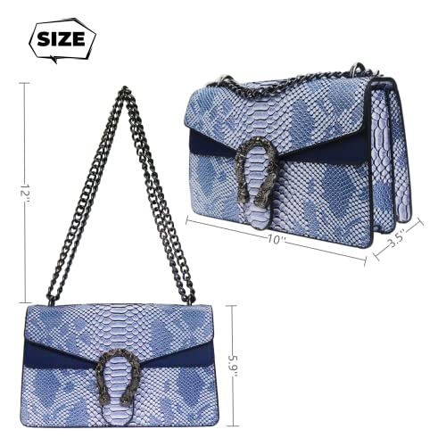 GLOD JORLEE Stylish Chain Satchel Handbags For Women - Luxury Snake-Printed Leather Shoulder Crossbody Bag Evening Clutch Tote Purse (blue)