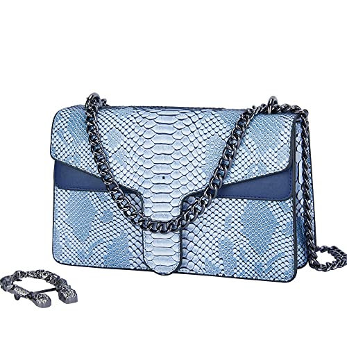 GLOD JORLEE Stylish Chain Satchel Handbags For Women - Luxury Snake-Printed Leather Shoulder Crossbody Bag Evening Clutch Tote Purse (blue)