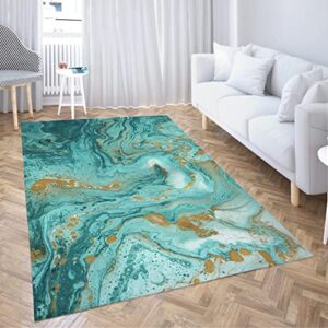 LOKMU Non-Slip Area Rugs Gold and Turquoise Mixed Paint Home Decor Rugs Carpet for Classroom Living Room Bedroom Dining Kindergarten Room 5'x7'
