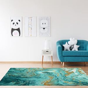 LOKMU Non-Slip Area Rugs Gold and Turquoise Mixed Paint Home Decor Rugs Carpet for Classroom Living Room Bedroom Dining Kindergarten Room 5'x7'