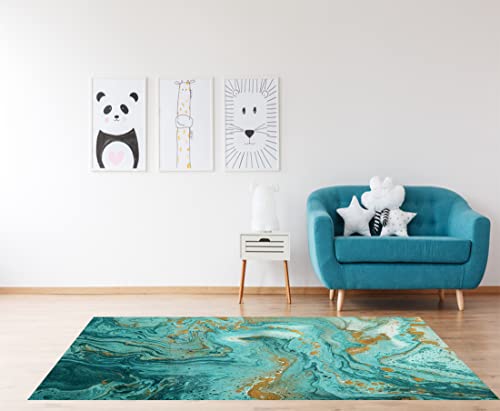 LOKMU Non-Slip Area Rugs Gold and Turquoise Mixed Paint Home Decor Rugs Carpet for Classroom Living Room Bedroom Dining Kindergarten Room 5'x7'