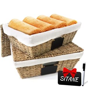 sitanes seagrass baskets for organizing – 2pcs wicker storage basket with lids & liner – woven baskets storage baskets for shelves with black labels clips & white marker 15″ x 11″ x 5″