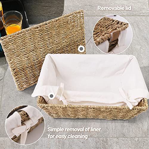 SITANES Seagrass Baskets for Organizing - 2Pcs Wicker Storage Basket with Lids & Liner - Woven Baskets Storage Baskets for Shelves with Black Labels Clips & White Marker 15" x 11" x 5"