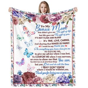 to My Bonus Mom Blanket Gifts from Daughter Son Thank You Mom Blanket Presents Floral Butterfly Fleece Soft Throw Blankets Mothers Day Christmas Birthday Gifts for Bonus Mom Couch Bed 50 * 60 Inch