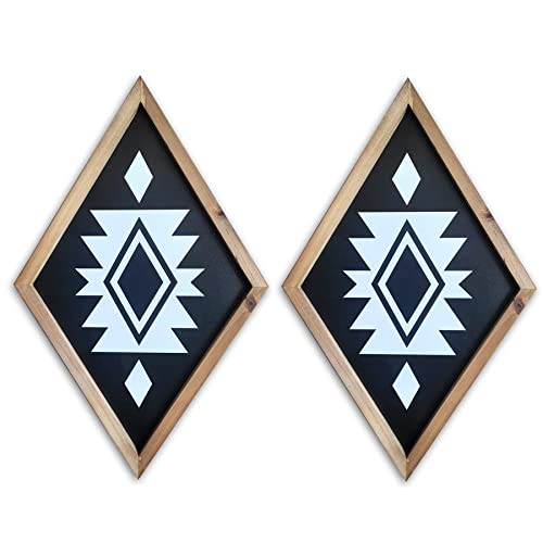 Southwestern Aztec Wall Decor, Geometric Wood Wall Art Print Tribal Boho Western Decorations For Home Living Room Bedroom Nursery Diamond Framed Hanging Farmhouse Style Rustic Artwork Modern(Black)