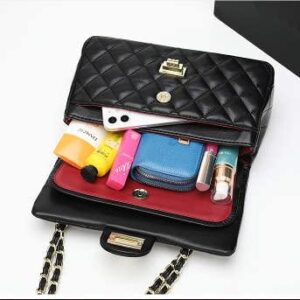 Quilted Crossbody Bag for Women - Shoulder Bag with Convertible Chain Strap and Twist Lock - Classic and Sleek for Phone/Wallet/Cards - Gift for Her (Black)