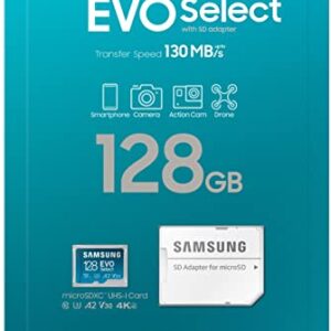 SAMSUNG EVO Select Micro SD-Memory-Card + Adapter, 128GB microSDXC 130MB/s Full HD & 4K UHD, UHS-I, U3, A2, V30, Expanded Storage for Android Smartphones, Tablets, Nintendo-Switch (MB-ME128KA/AM)