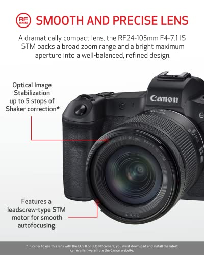 Canon EOS R RF24-105mm F4-7.1 is STM Lens Kit, Vlogging and Content Creator Camera 4K UHD, Digital Single-Lens Non-Reflex AF/AE, 0.4 Magnification, Mirrorless and Full-Frame, Compact & Lightweight