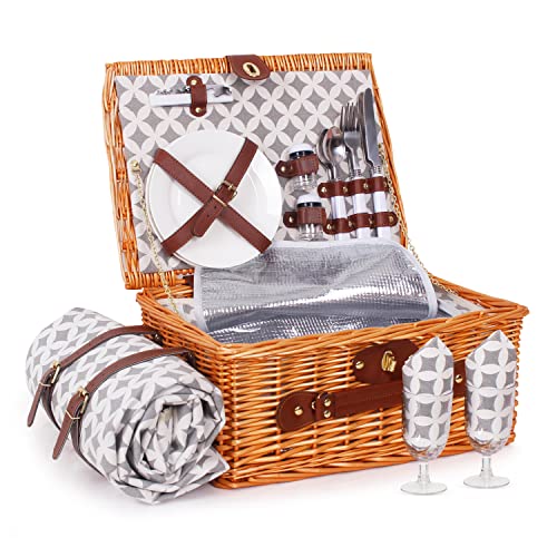 Wicker Picnic Basket for 2 Persons with Waterproof Picnic Blanket,Picnic Set for Family with Insulated Cooler Compartment Utensils,Wedding Engagement Gifts for Couples(Brown)