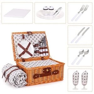 Wicker Picnic Basket for 2 Persons with Waterproof Picnic Blanket,Picnic Set for Family with Insulated Cooler Compartment Utensils,Wedding Engagement Gifts for Couples(Brown)