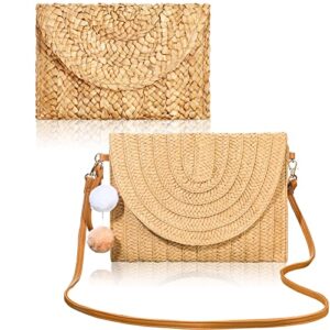 2 pcs straw shoulder bag clutch straw crossbody bags straw summer bags handmade envelope purse for women (light coffee)