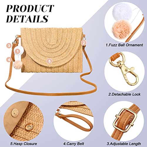 2 Pcs Straw Shoulder Bag Clutch Straw Crossbody Bags Straw Summer bags Handmade Envelope Purse for Women (Light Coffee)