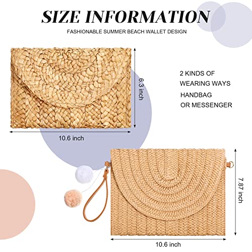 2 Pcs Straw Shoulder Bag Clutch Straw Crossbody Bags Straw Summer bags Handmade Envelope Purse for Women (Light Coffee)