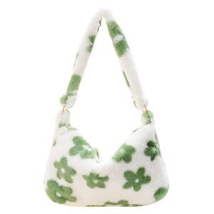 fluffy tote bag y2k green flower plush underarm bag for women furry shoulder bag faux fur tote purse for autumn winter
