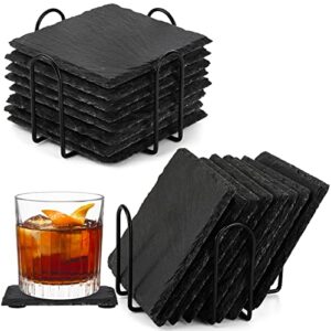 zoofox 16 pieces drink coasters, 4 inch square slate stone coaster with 2 holders, handmade coasters set for bar kitchen home decor