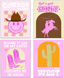 pink western cowgirl theme wall art aesthetic poster preppy room decor, retro cowgirl canvas print, glamour cowgirl wall art for girls room college dorm room decoration, set of 4-(8″x10″ unframed)