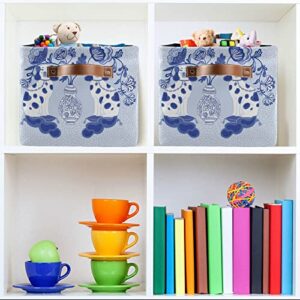 JUAMA Staffordshire Dogs in Chinoiserie Style Blue and White Porcelain Large Foldable Open Storage Bins With Handles Rectangular Baskets Cube for Closet Office Nursery Toys Bedroom Home Organizer 2 Pa