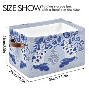 JUAMA Staffordshire Dogs in Chinoiserie Style Blue and White Porcelain Large Foldable Open Storage Bins With Handles Rectangular Baskets Cube for Closet Office Nursery Toys Bedroom Home Organizer 2 Pa