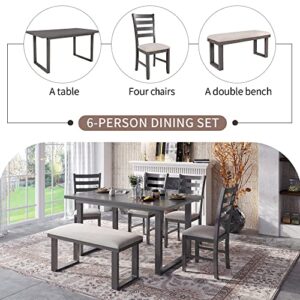 XD Designs 6 Piece Kitchen Dining Table Set with Rectangular Table and Comfortable Cushioned Seat, Farmhouse Rustic Wood Dining Room Set for 4-6 Persons, Dining Set for Family, Gray