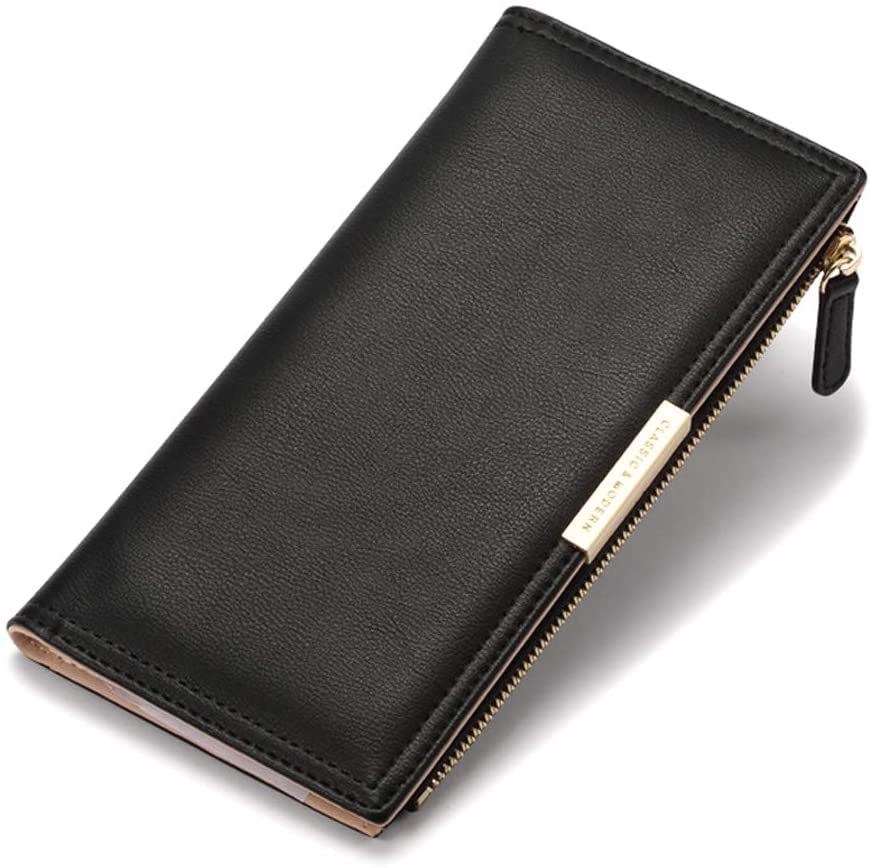 Chic Boutique De Mode Wallets For Women Large Capacity Ultra Thin Card Holder Slim Coin Purse Zip Cute Minimalist Leather Case For Girls Ladies (Black)