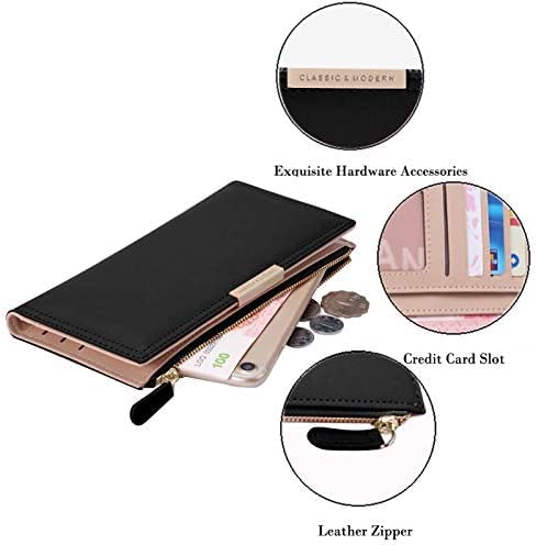 Chic Boutique De Mode Wallets For Women Large Capacity Ultra Thin Card Holder Slim Coin Purse Zip Cute Minimalist Leather Case For Girls Ladies (Black)