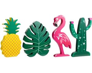 summer wooden signs hawaii luau party wooden blocks summer home decorations tropical cactus flamingo pineapple monstera wood table centerpiece for summer home table luau party, 4 pcs