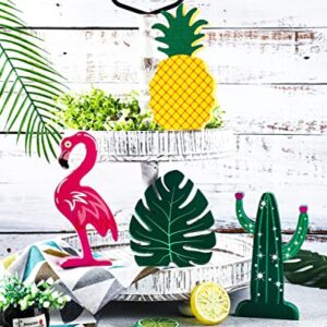 Summer Wooden Signs Hawaii Luau Party Wooden Blocks Summer Home Decorations Tropical Cactus Flamingo Pineapple Monstera Wood Table Centerpiece for Summer Home Table Luau Party, 4 PCS