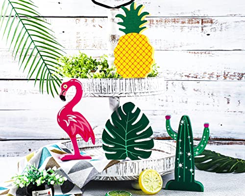 Summer Wooden Signs Hawaii Luau Party Wooden Blocks Summer Home Decorations Tropical Cactus Flamingo Pineapple Monstera Wood Table Centerpiece for Summer Home Table Luau Party, 4 PCS