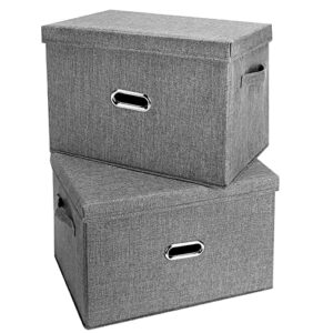 valease 2-pack large linen foldable storage bins with removable lids and handles, washable collapsible storage box containers baskets cube with cover for bedroom,closet,office,living room,nursery (grey, large)