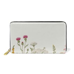 seamless floral herbs and wildflowers botanical pattern leather long wallet organizer with zipper purse clutch bag for women men key card coin passport checkbook