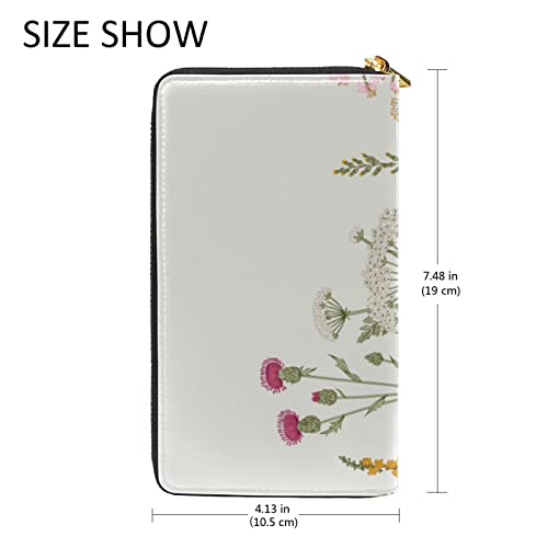 Seamless Floral Herbs and Wildflowers Botanical Pattern Leather Long Wallet Organizer with Zipper Purse Clutch Bag for Women Men Key Card Coin Passport Checkbook