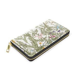 Seamless Floral Herbs and Wildflowers Botanical Pattern Leather Long Wallet Organizer with Zipper Purse Clutch Bag for Women Men Key Card Coin Passport Checkbook