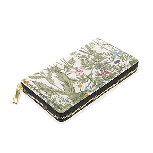 Seamless Floral Herbs and Wildflowers Botanical Pattern Leather Long Wallet Organizer with Zipper Purse Clutch Bag for Women Men Key Card Coin Passport Checkbook