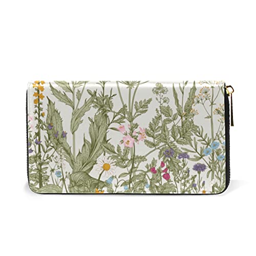 Seamless Floral Herbs and Wildflowers Botanical Pattern Leather Long Wallet Organizer with Zipper Purse Clutch Bag for Women Men Key Card Coin Passport Checkbook