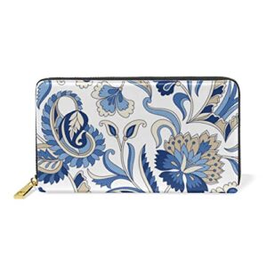 seamless traditional indian blue grey paisley flowers on white leather long wallet organizer with zipper purse clutch bag for women men key card coin passport checkbook