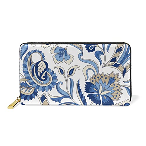 Seamless Traditional Indian Blue Grey Paisley Flowers on White Leather Long Wallet Organizer with Zipper Purse Clutch Bag for Women Men Key Card Coin Passport Checkbook