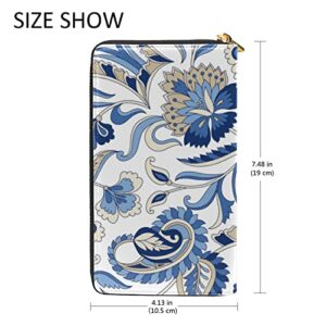 Seamless Traditional Indian Blue Grey Paisley Flowers on White Leather Long Wallet Organizer with Zipper Purse Clutch Bag for Women Men Key Card Coin Passport Checkbook