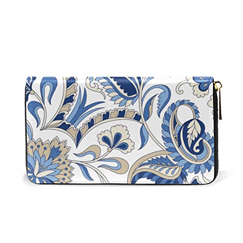 Seamless Traditional Indian Blue Grey Paisley Flowers on White Leather Long Wallet Organizer with Zipper Purse Clutch Bag for Women Men Key Card Coin Passport Checkbook