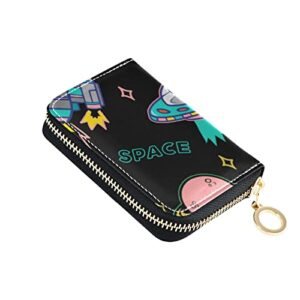 cartoon colorful ufo aliens spaceship planet and stars on dark grey credit card coin wallet, rfid blocking compact women leather card holder, key change organizer, zipper purse clutch pouch