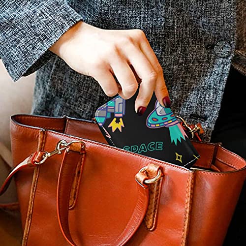 Cartoon colorful UFO aliens spaceship planet and stars on Dark Grey Credit Card Coin wallet, RFID Blocking Compact Women Leather Card Holder, Key Change Organizer, Zipper Purse Clutch Pouch