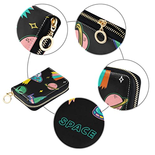 Cartoon colorful UFO aliens spaceship planet and stars on Dark Grey Credit Card Coin wallet, RFID Blocking Compact Women Leather Card Holder, Key Change Organizer, Zipper Purse Clutch Pouch